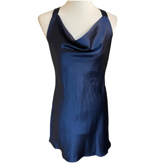 Navy Draped Cowl Neck Satin Sleeveless Dress - Picture 3 of 12